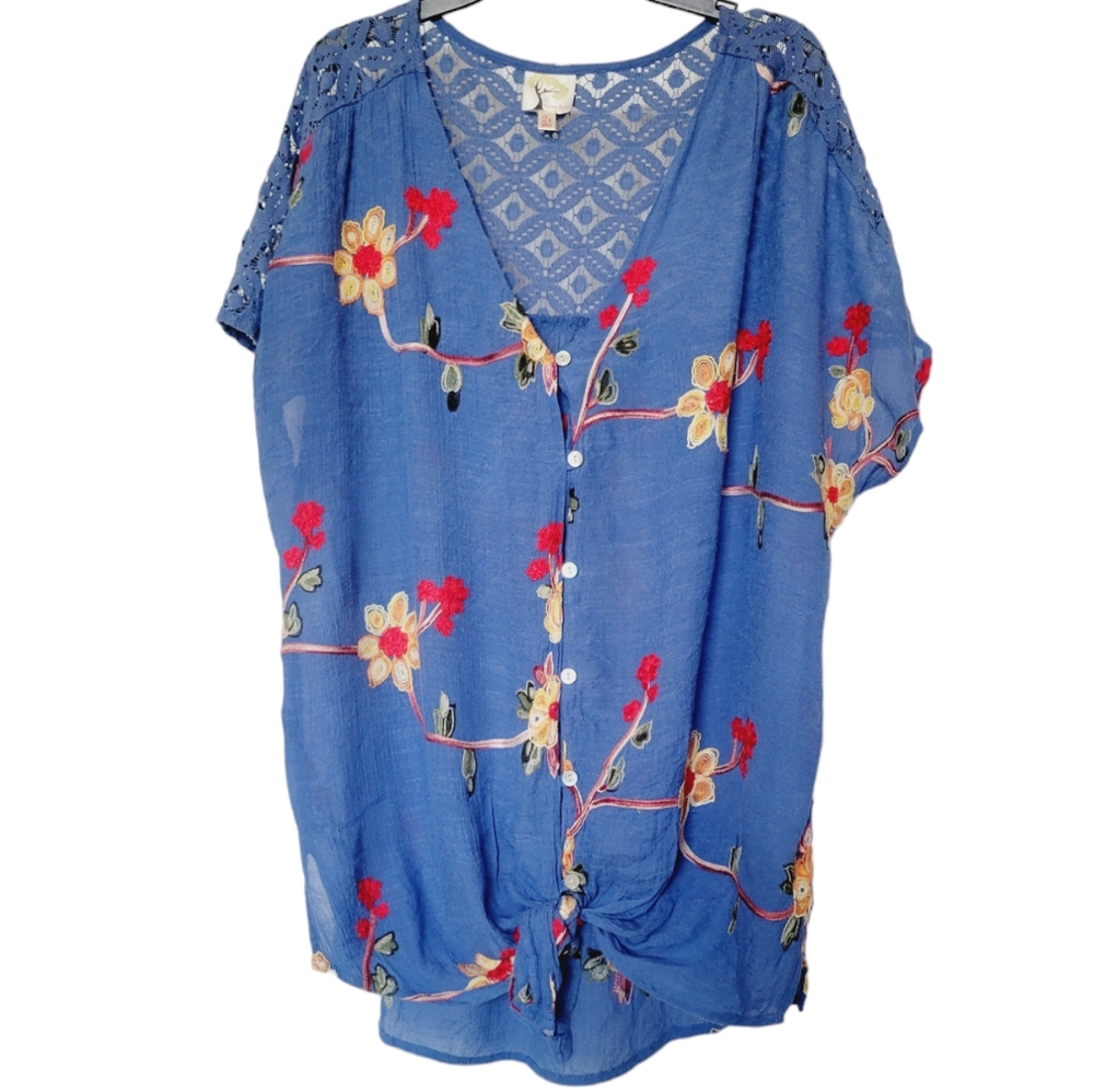 fig and flower Blue Floral Tie-Front Blouse